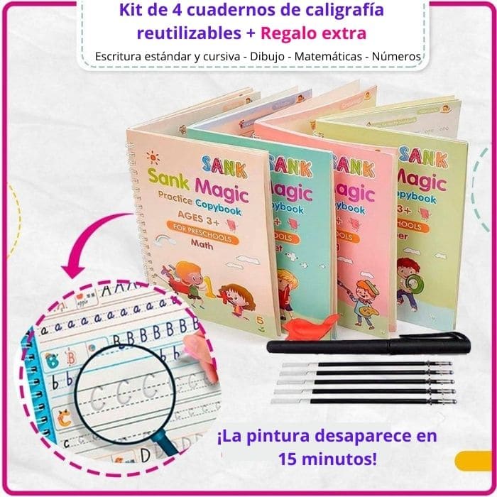 Kit con 4 cuadernos de caligrafía mágicos reutilizables + regalo extra - Tierra Lúdica