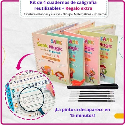 Kit con 4 cuadernos de caligrafía mágicos reutilizables + regalo extra - Tierra Lúdica
